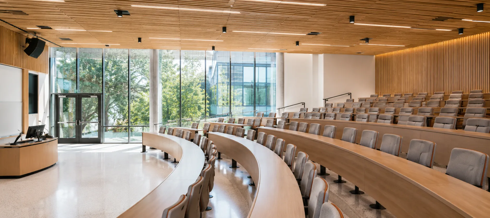An empty modern lecture hall with curved timber desks and upholstered seats rising in tiers, lit by a full-height glass wall looking onto trees.